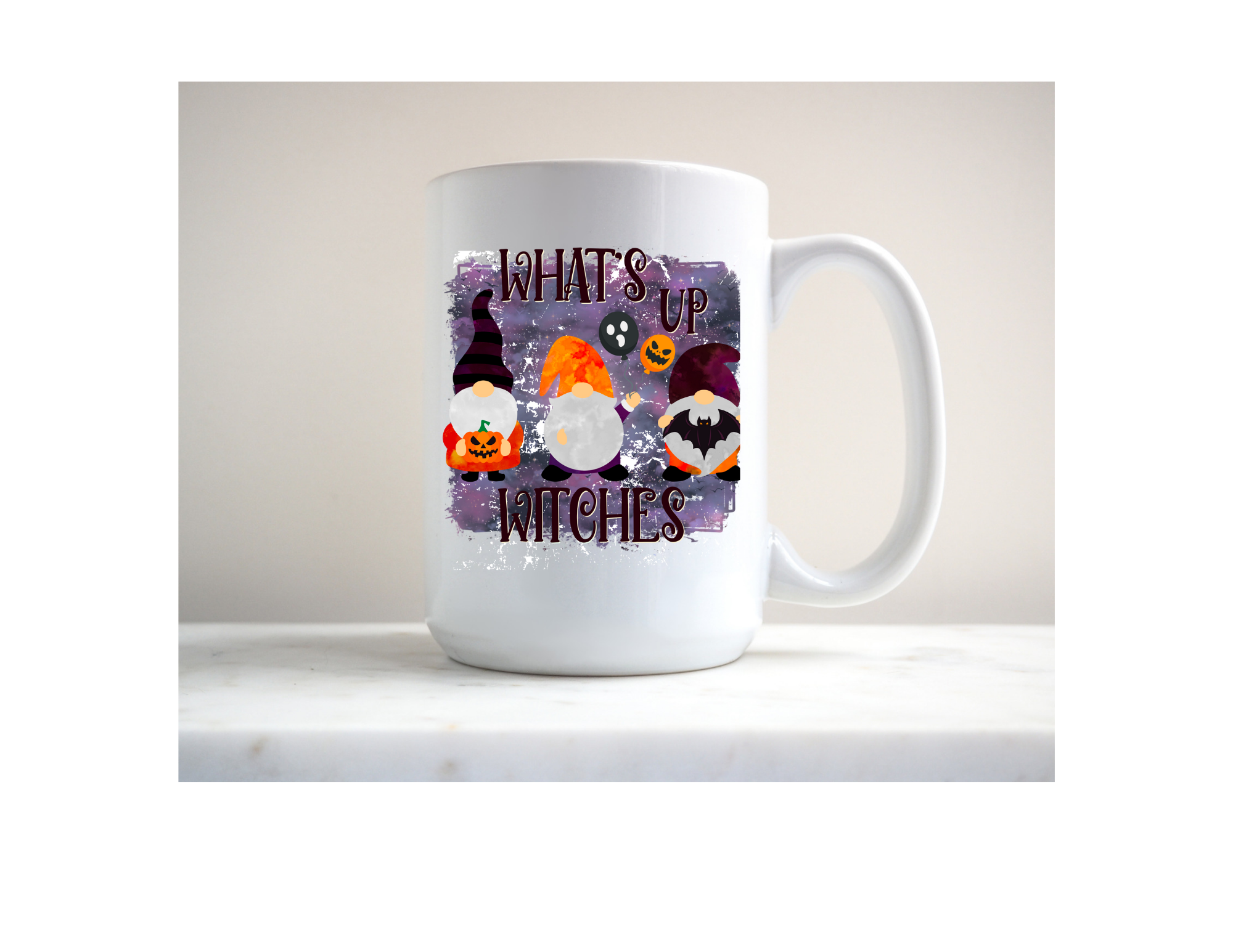 What's up witches! Gnomie witches on a 15 oz mug.