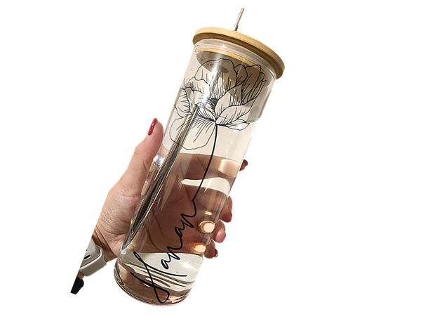 22 oz glass water cup with bamboo lid and straw